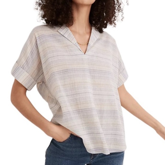 Madewell Crinkle Hayden Popover Top in Stripe - Picture 1 of 10